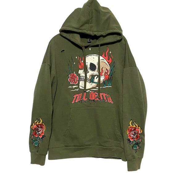 Forever 21 Other - Forever 21 Till Death Skull Hoodie Sweatshirt Mens S Embroidered Grunge Ripped